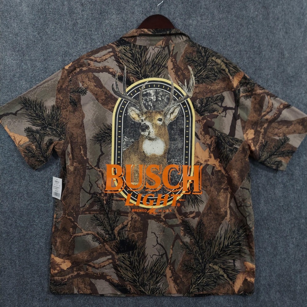 Busch Light Shirt Mens XL Green Camo Short Sleeve Button Up Hunting Beer Deer